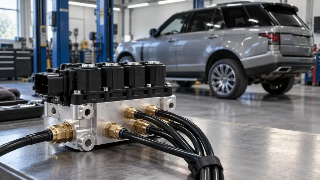 Air suspension valve block with connected air lines on a workshop bench, with a luxury SUV in the background.