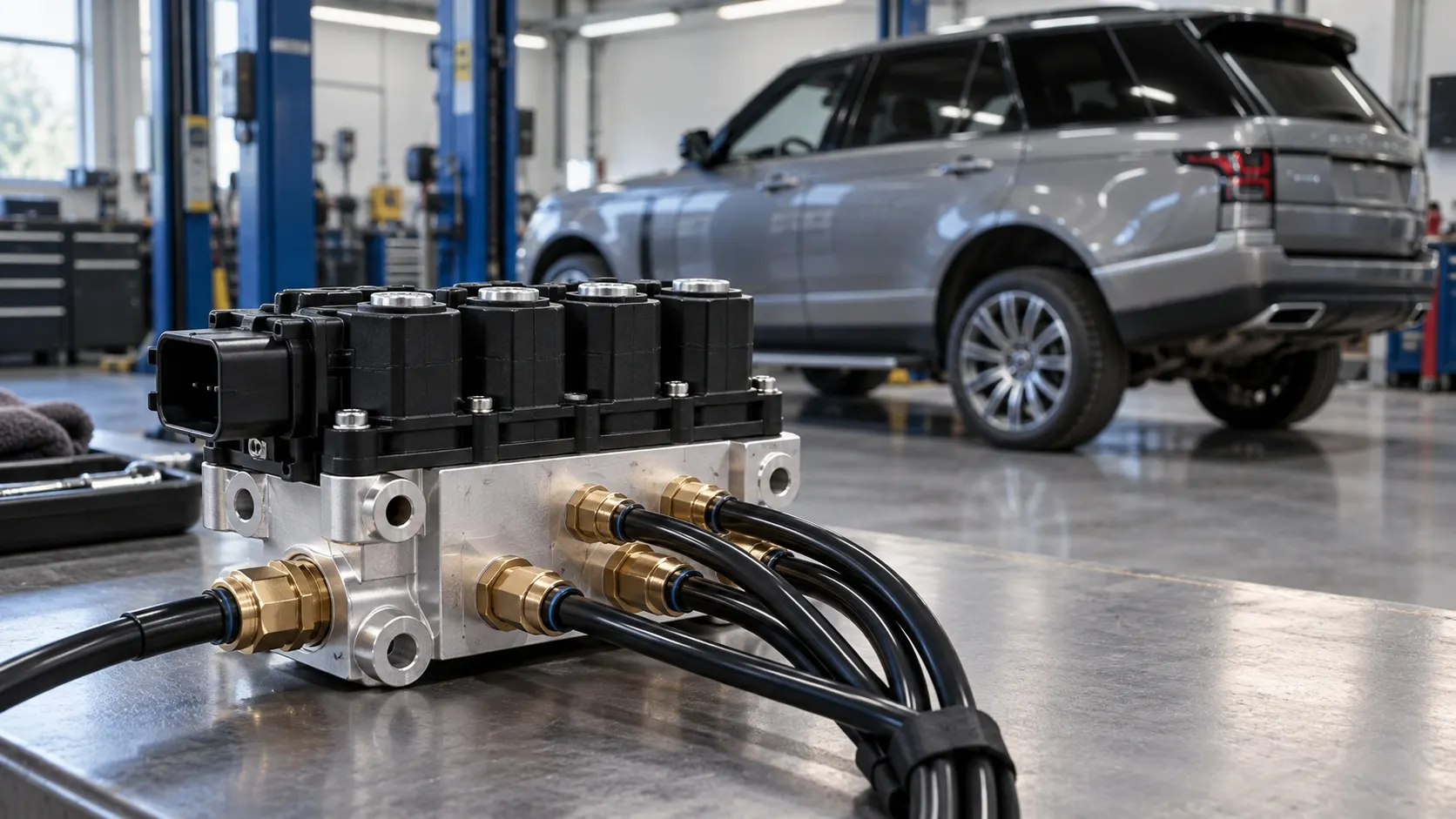 Air suspension valve block with connected air lines on a workshop bench, with a luxury SUV in the background.