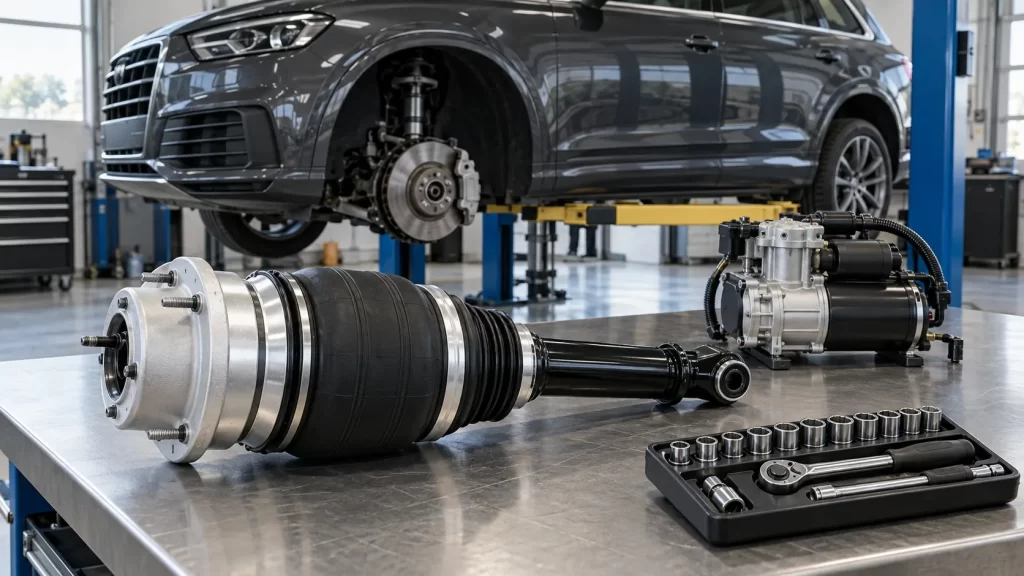 Air suspension strut, compressor, and socket tools on a workshop bench beside a raised SUV with its front wheel removed