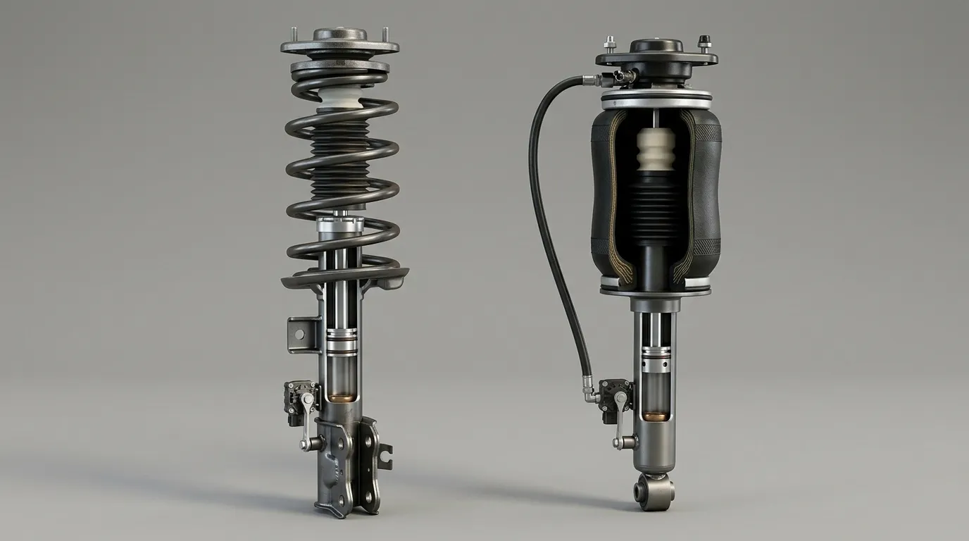 Coil spring strut beside an air spring strut with damper, air line and height sensor