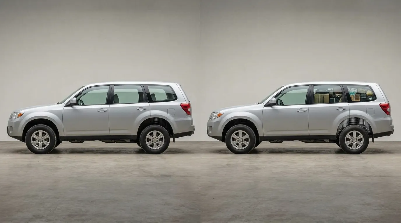 SUV silhouette shown unloaded and loaded with rear air spring holding level ride height