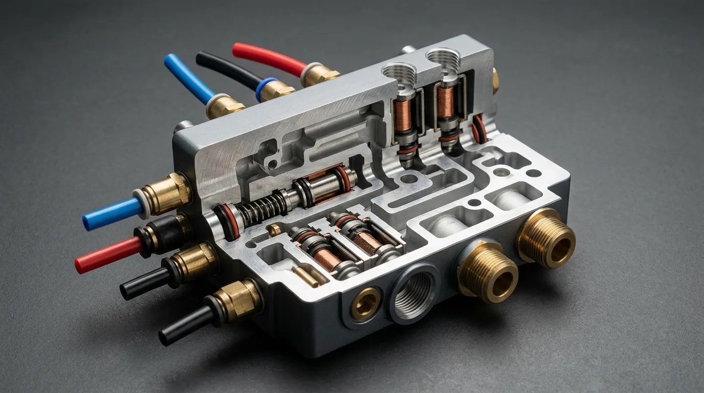 Cutaway view of an air suspension valve block showing internal galleries, solenoid valves and air-line ports