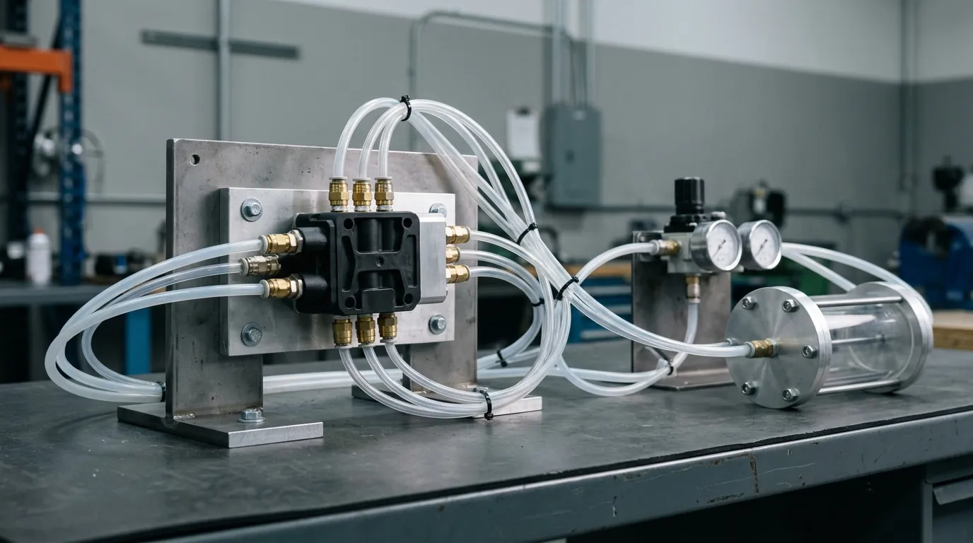 Air suspension valve block connected by air lines to a pressure regulator and unmarked gauges on a test bench