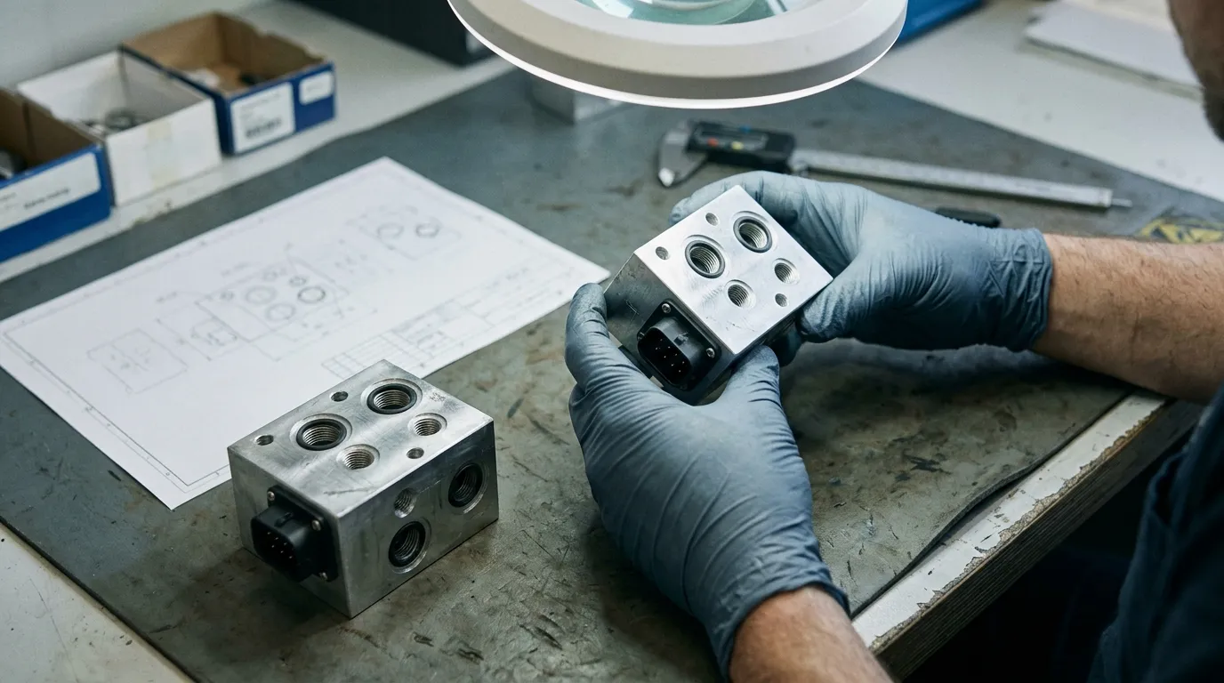 Gloved hands inspecting two air suspension valve blocks beside a plain parts drawing on an inspection bench