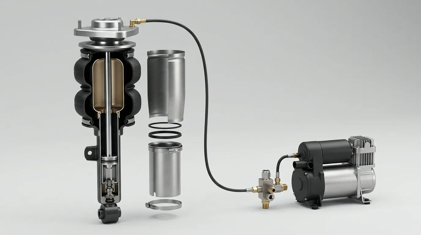 Cutaway view of an air suspension strut with rubber bellows, air line, compressor and valve block