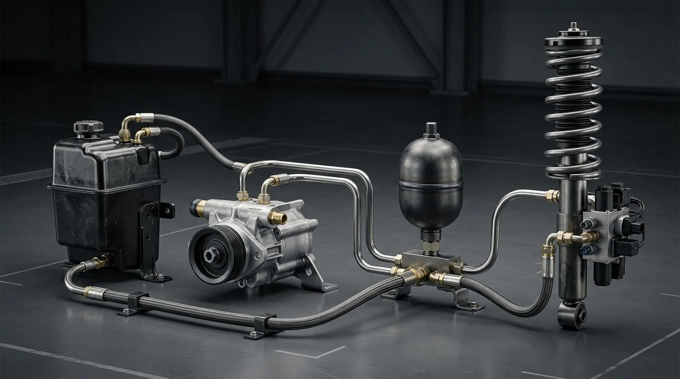 Hydraulic pump, reservoir, steel pressure lines, accumulator sphere and a servo-equipped strut arranged as a technical circuit view