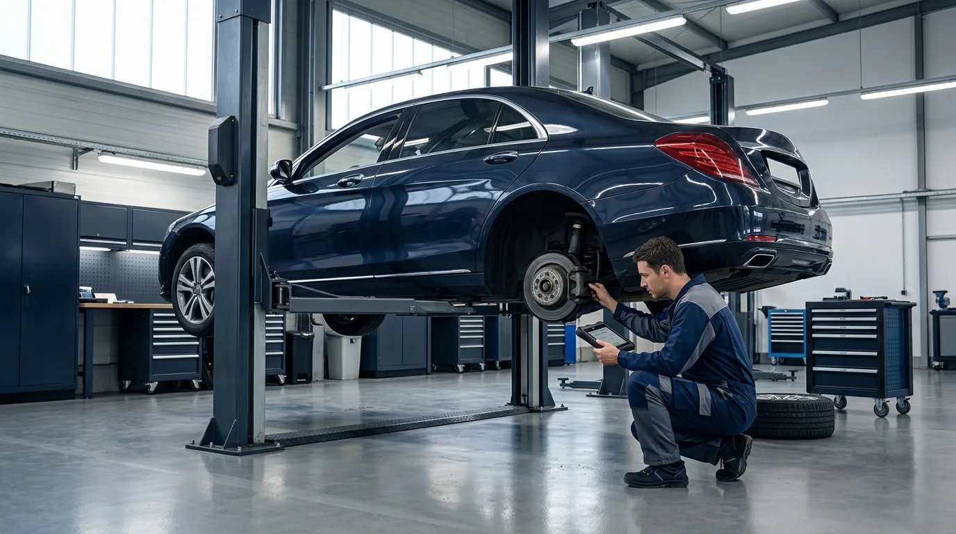 Technician inspecting the rear suspension of a raised car on a workshop lift while holding a diagnostic device