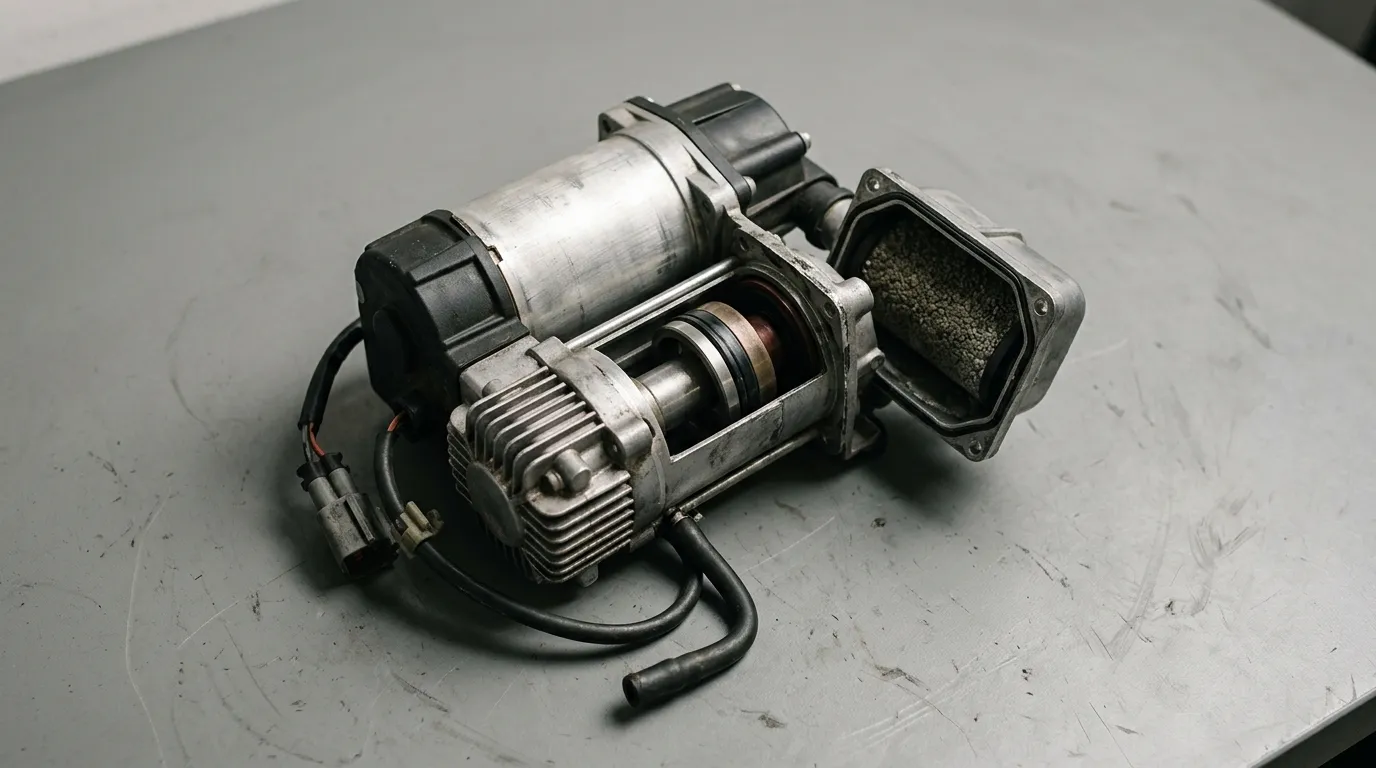 Air suspension compressor unit partially opened on a workbench showing its aluminium housing, piston section and dryer section