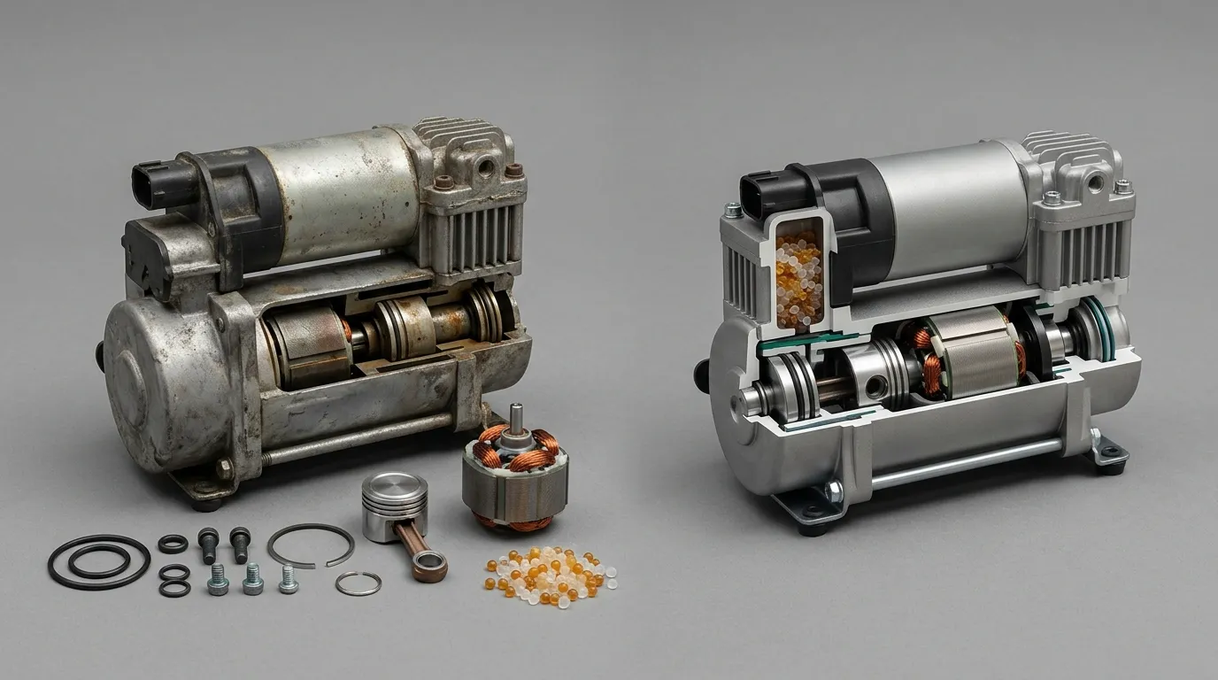 Cutaway comparison of a remanufactured air suspension compressor with its replacement parts laid out beside a new compressor assembly