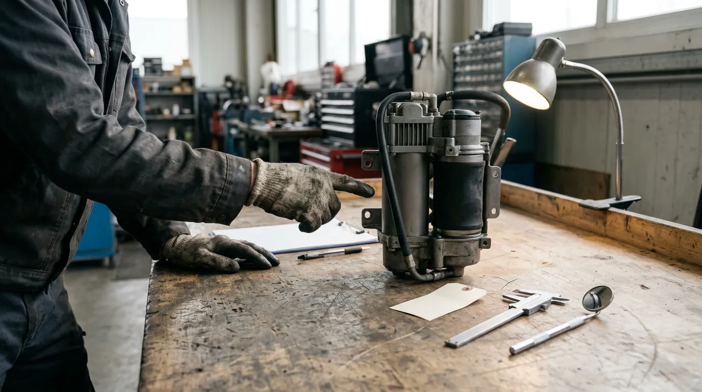 Air suspension compressor on a parts bench beside a blank document sheet, blank parts tag and inspection tools under a task lamp