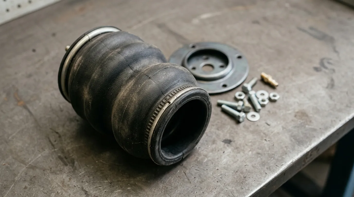 Air spring bellows and mounting hardware from a repair kit arranged on a workshop bench