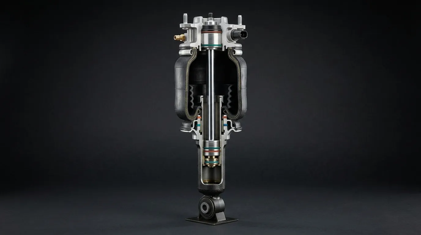 Cutaway of a complete air strut showing the air spring surrounding the internal damper