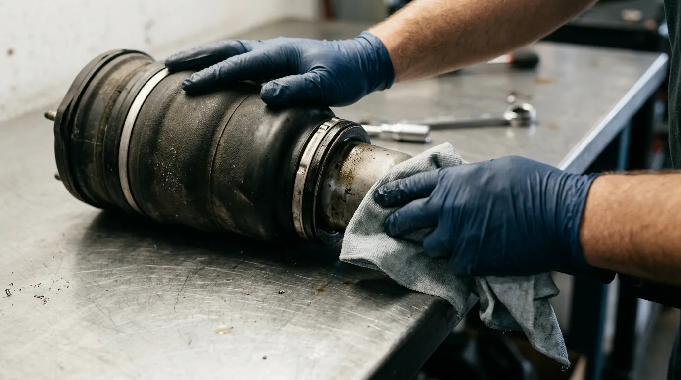 Gloved hands inspecting the damper body of a removed air strut for fluid leaks
