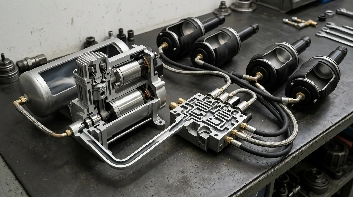 Cutaway airflow path from air suspension compressor through reservoir and valve block to four air spring units