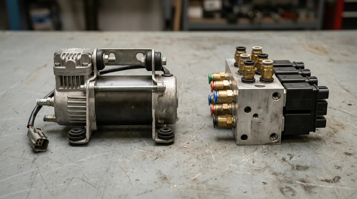 Air suspension compressor beside a multi-port valve block manifold on a workshop surface