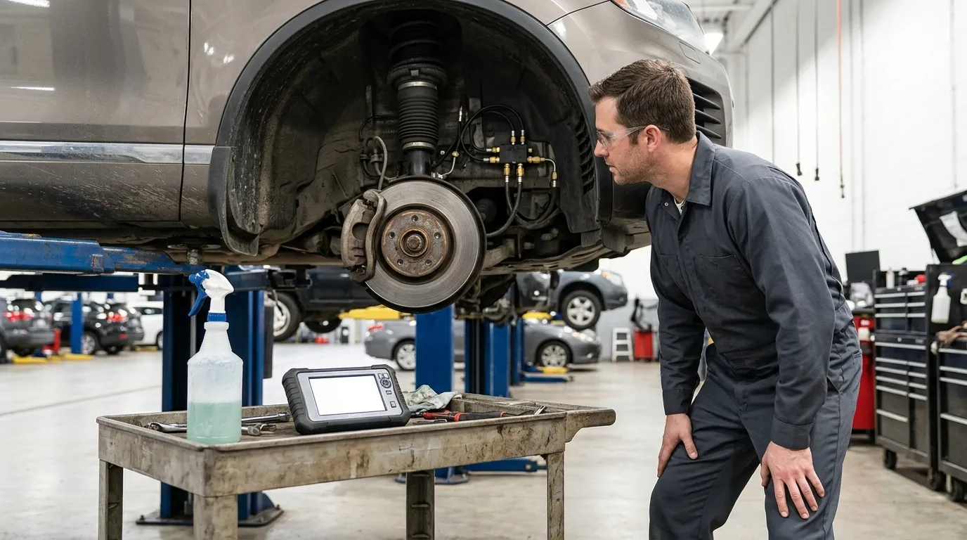 Technician inspecting air lines and valve block fittings under a raised vehicle during a leak check