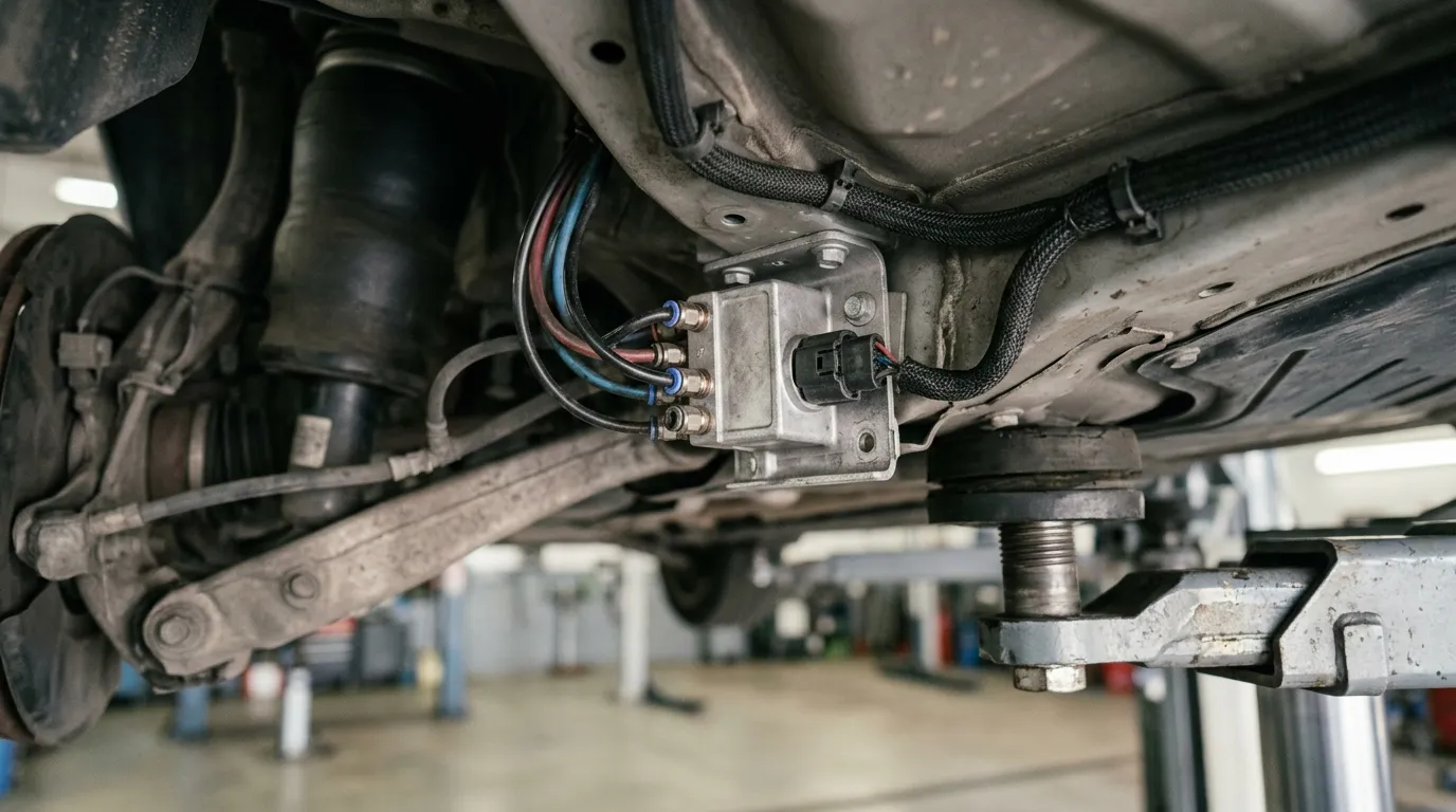 Air suspension valve block with air lines and electrical connector mounted under a car on a workshop lift