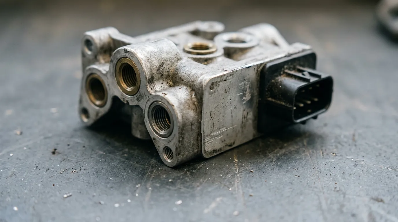 Removed air suspension valve block showing cast aluminium body, mounting flange and air port face