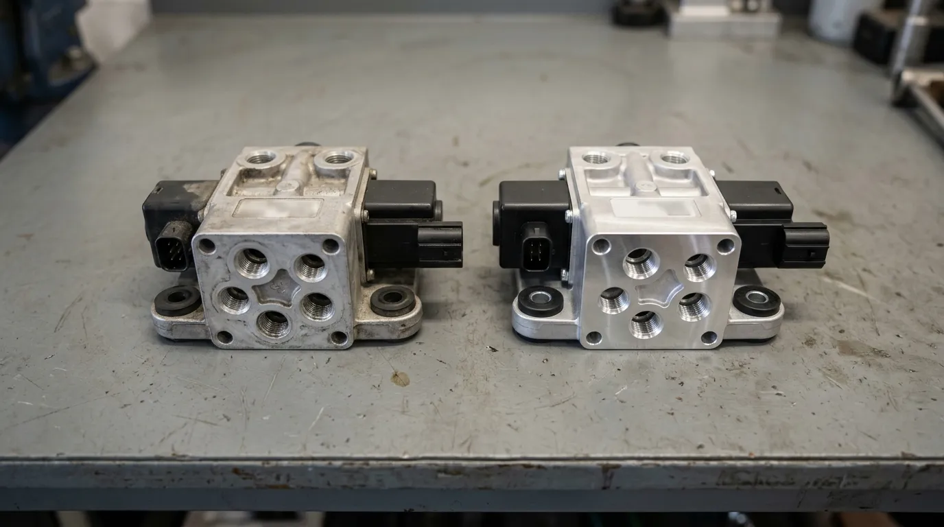 Two air suspension valve blocks side by side on a workshop bench for visual comparison