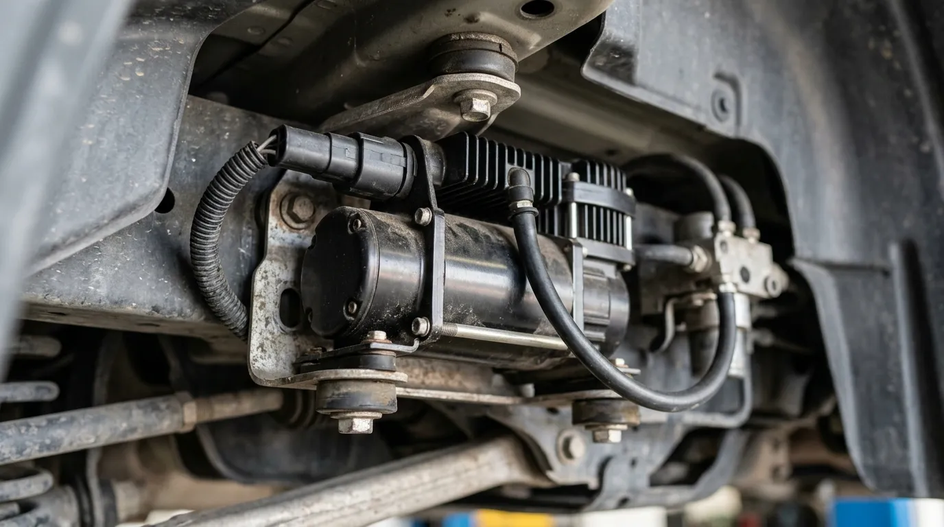 Vehicle air suspension compressor mounted under a car with its bracket, electrical connector and air line visible