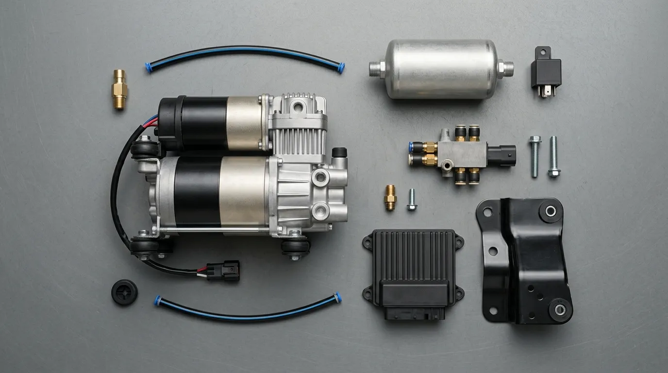Air suspension compressor laid out on a bench with an air dryer, relay, valve block, control unit, bracket and air line beside it