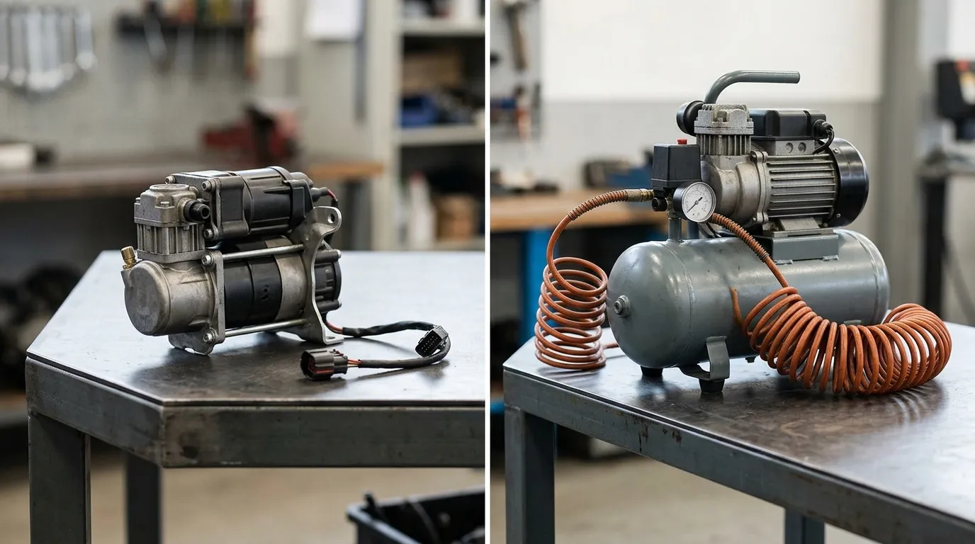 A vehicle air suspension compressor and a portable workshop tyre air compressor placed side by side on separate benches