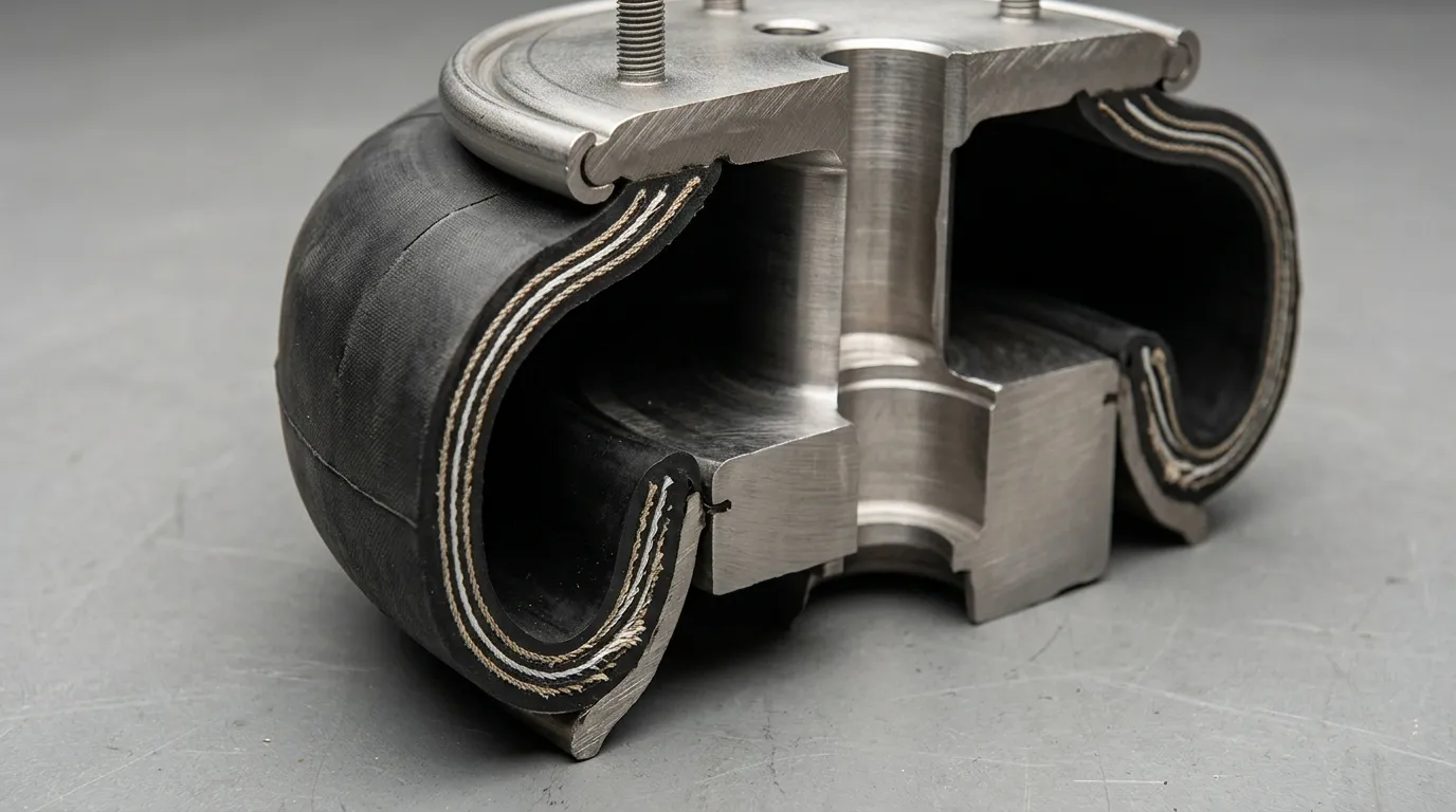 Cutaway close-up of a rolling-lobe air spring showing the rubber sleeve rolled over its steel piston beneath a mounting plate