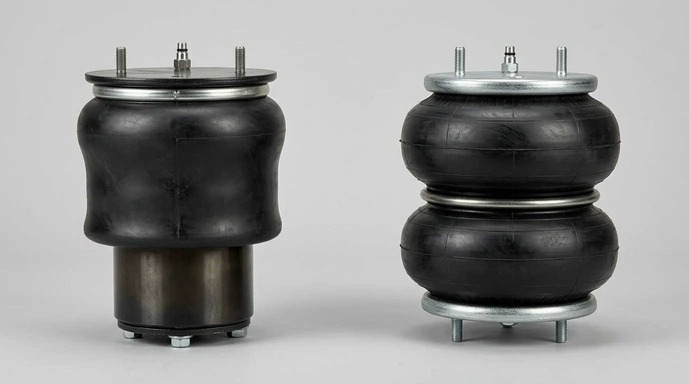 Two air springs side by side on a grey backdrop, a rolling-lobe spring with a piston next to a two-convolution bellows air spring
