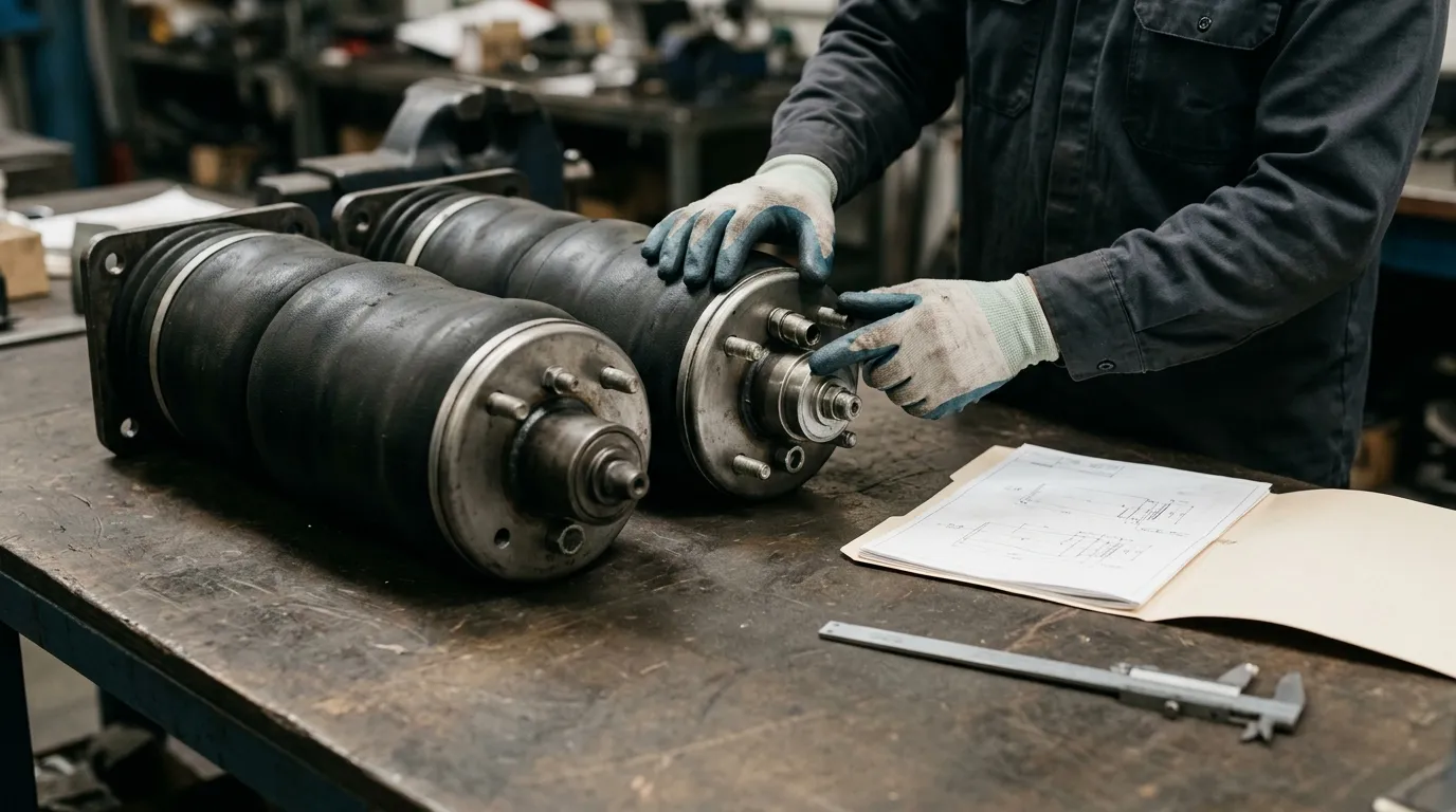 Gloved technician checking the mounting plate of an air spring on a workbench beside a second air spring, caliper and plain drawings