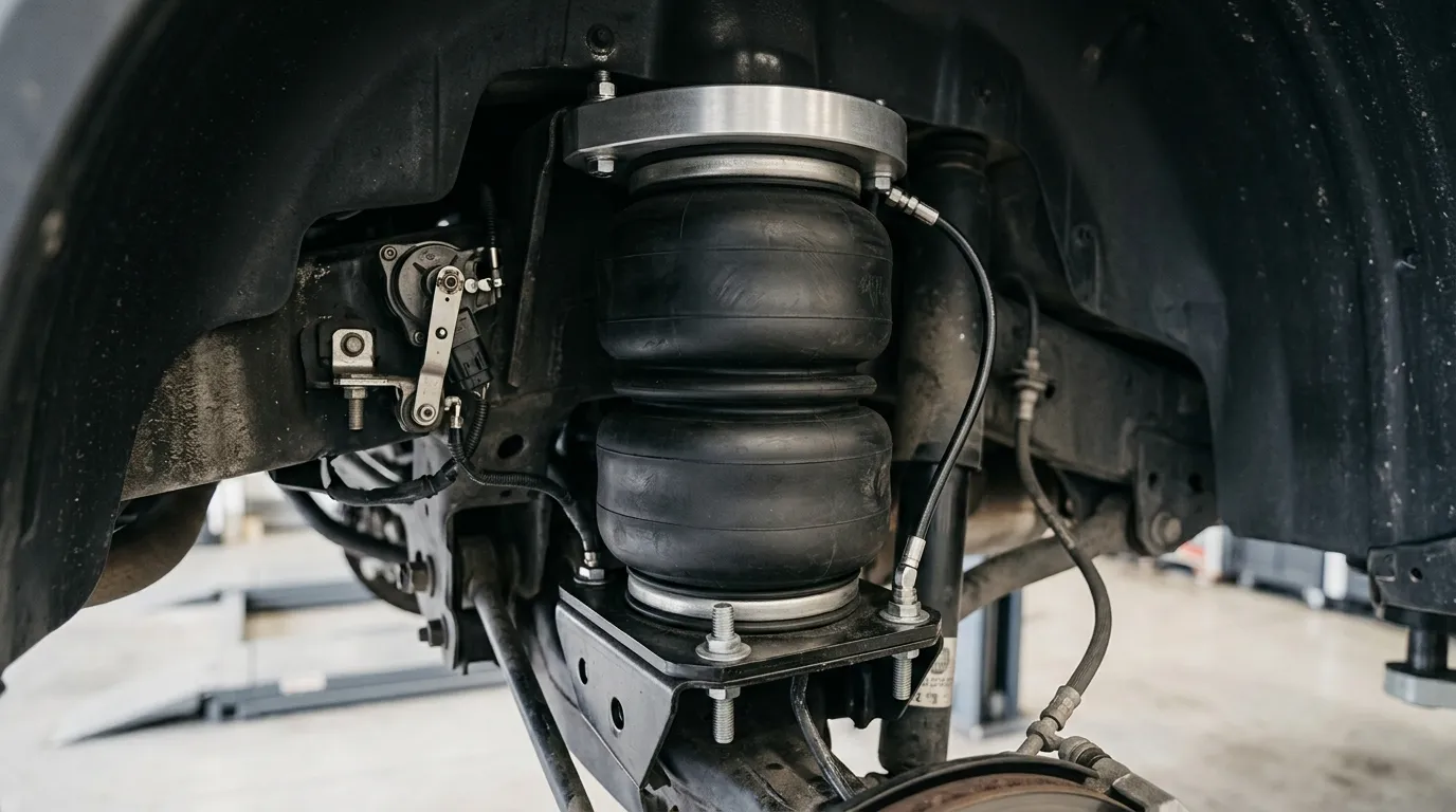 Rubber air spring bellows mounted in a vehicle wheel arch with an attached air line and height sensor