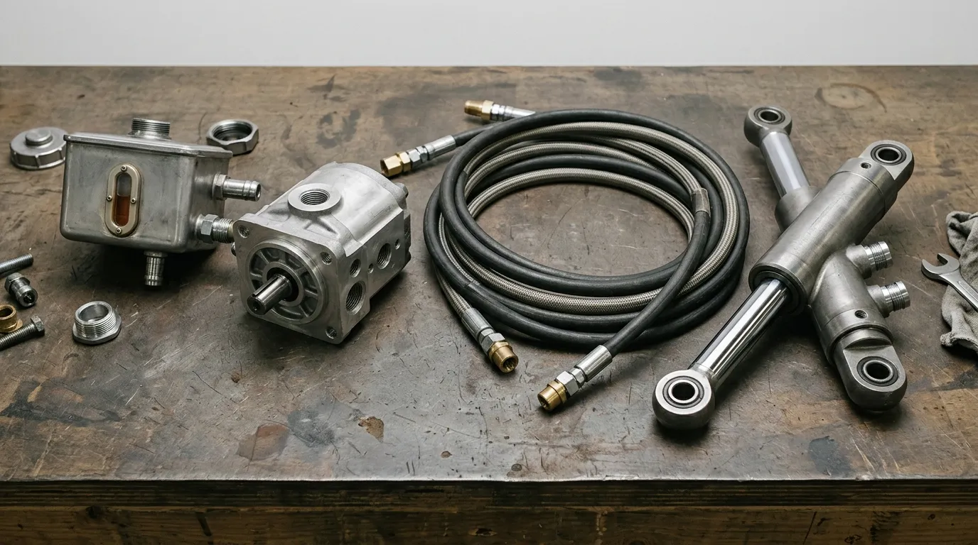 Hydraulic reservoir, pump, fluid lines and cylinder arranged on a workbench in circuit order