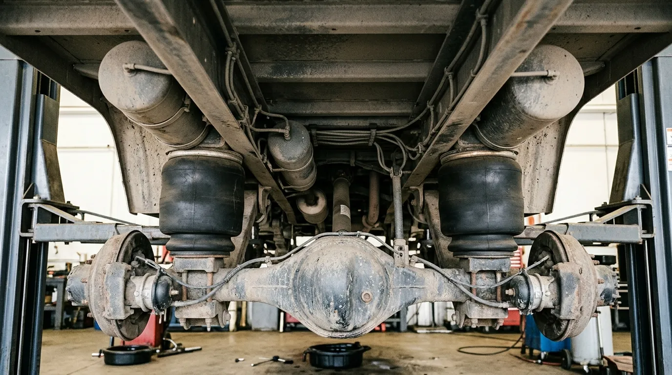 Underside of a heavy vehicle chassis showing rear air springs between the axle and frame with an air tank and line routing