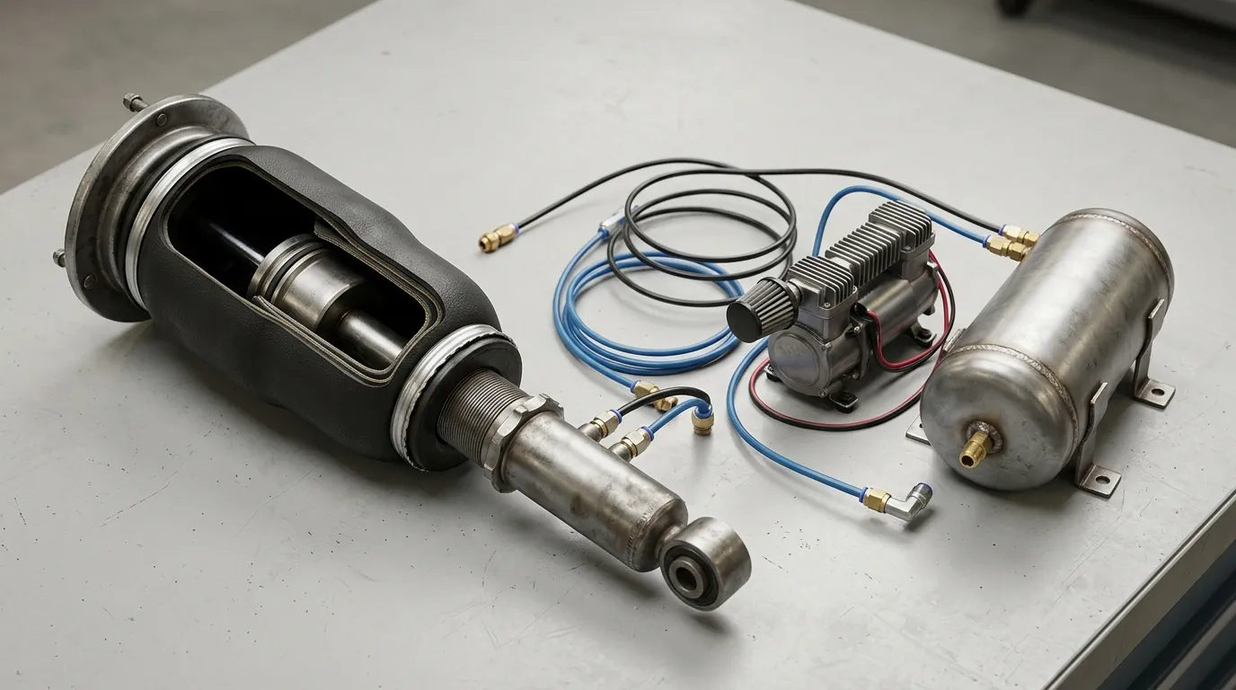 Air suspension strut with flexible air spring sleeve beside a compressor, reservoir and air lines