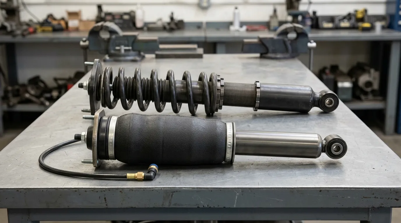 Coilover and air suspension assemblies shown side by side on a workshop surface