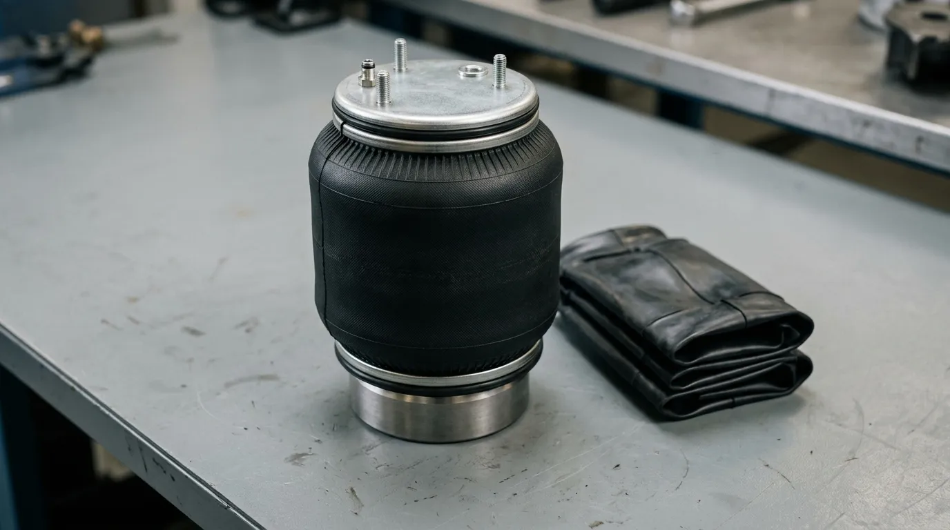 Close-up of an automotive air spring bellows with metal top plate and base piston on a workshop surface