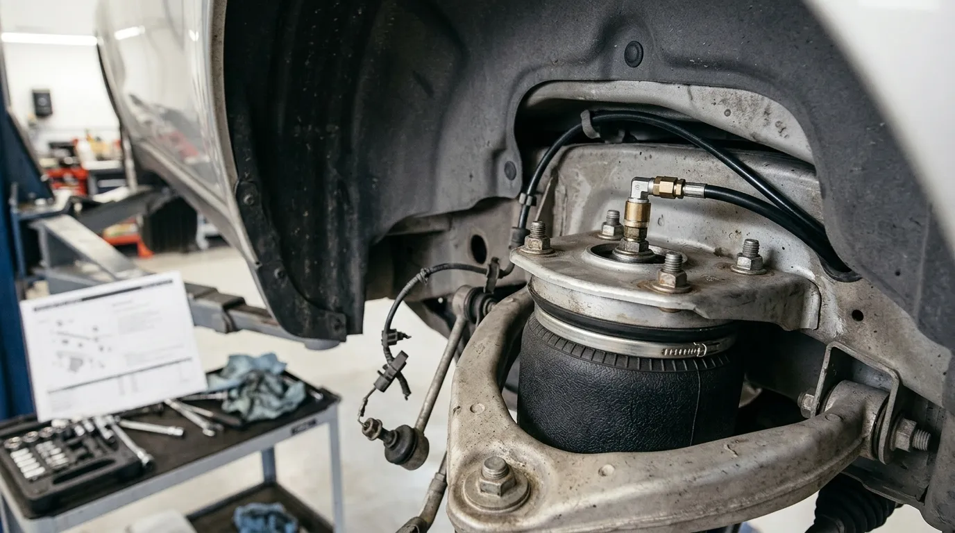 Upper air spring mounting area in a wheel arch showing mounting pattern, air line connection and surrounding clearance
