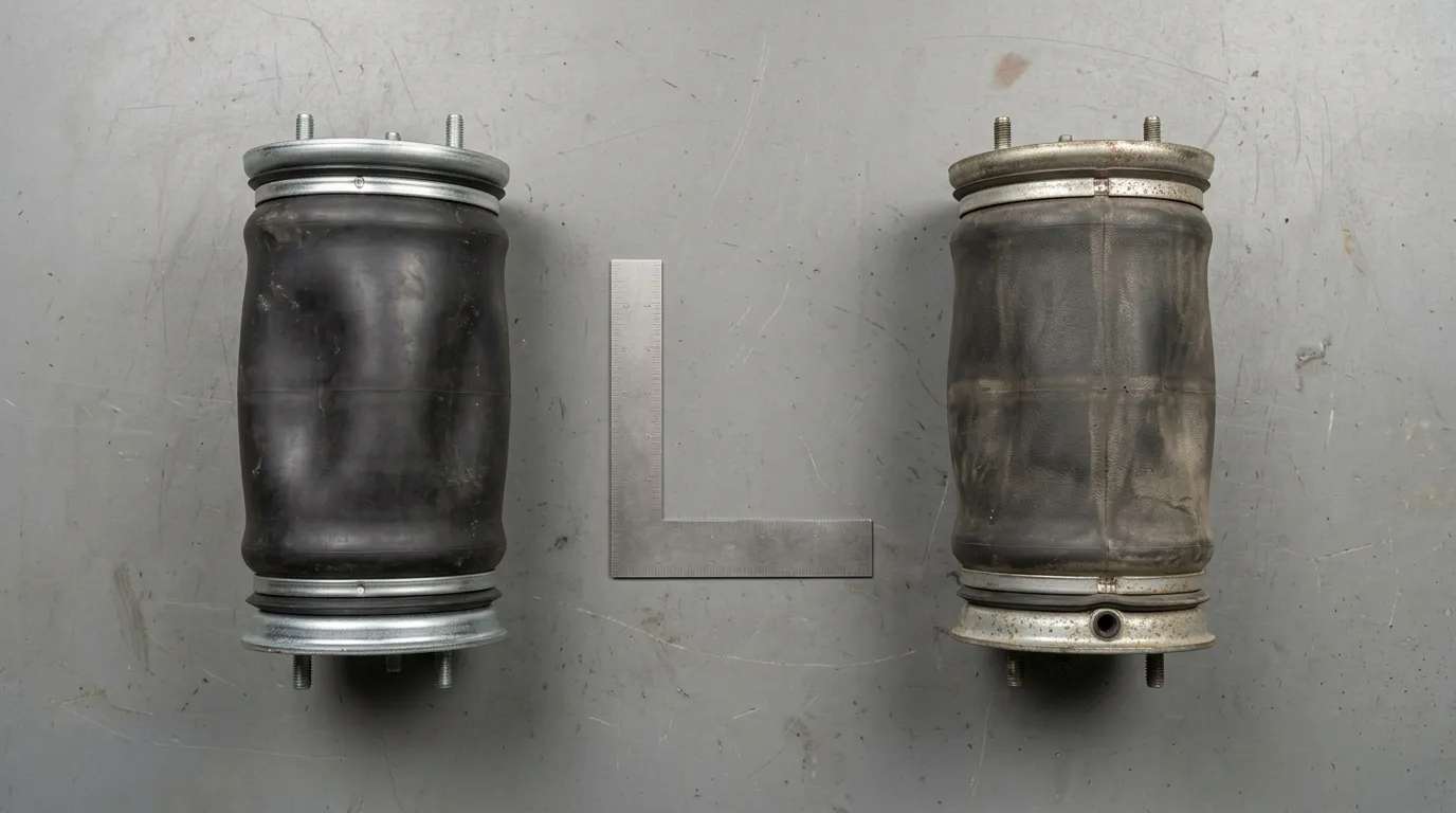 Two air springs presented side by side on an inspection bench with a blank measuring square between them