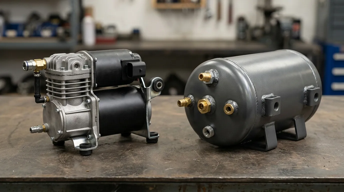 Air suspension compressor beside a cylindrical air reservoir tank on a workshop bench