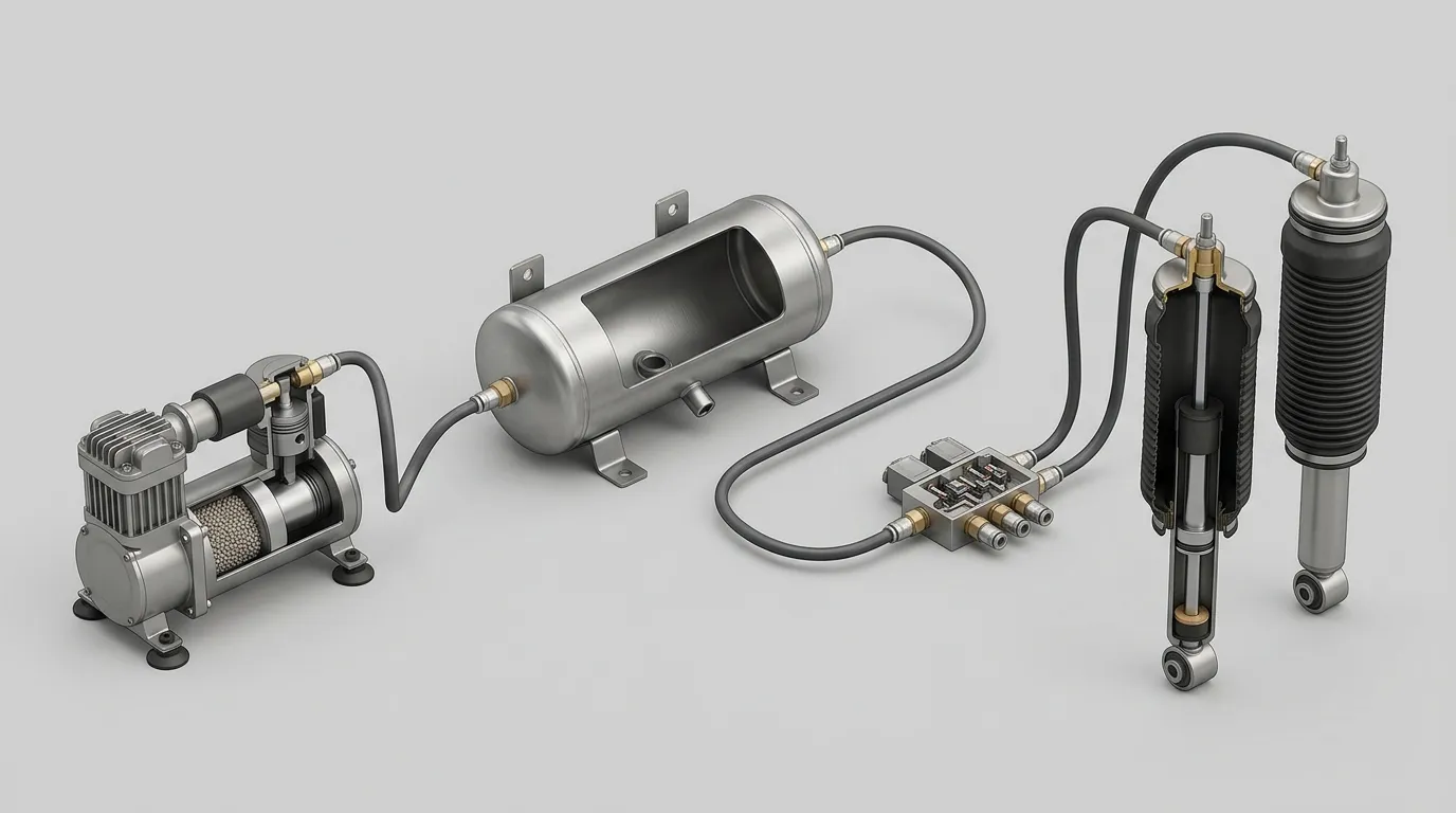 Air path diagram showing compressor, reservoir, valve block and two air struts connected by air lines