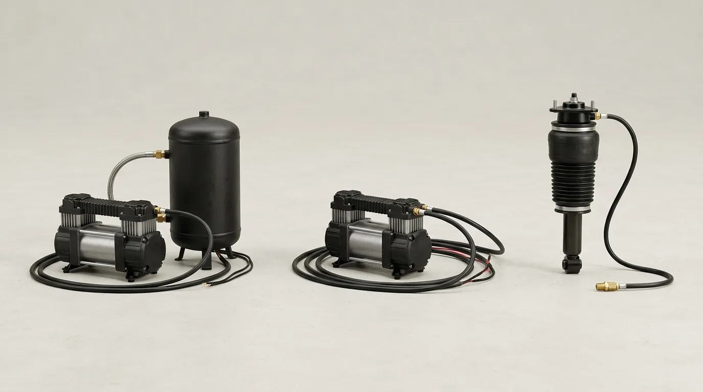 Three air suspension air supply layouts shown side by side: compressor with reservoir, compressor alone, and strut with a fill valve