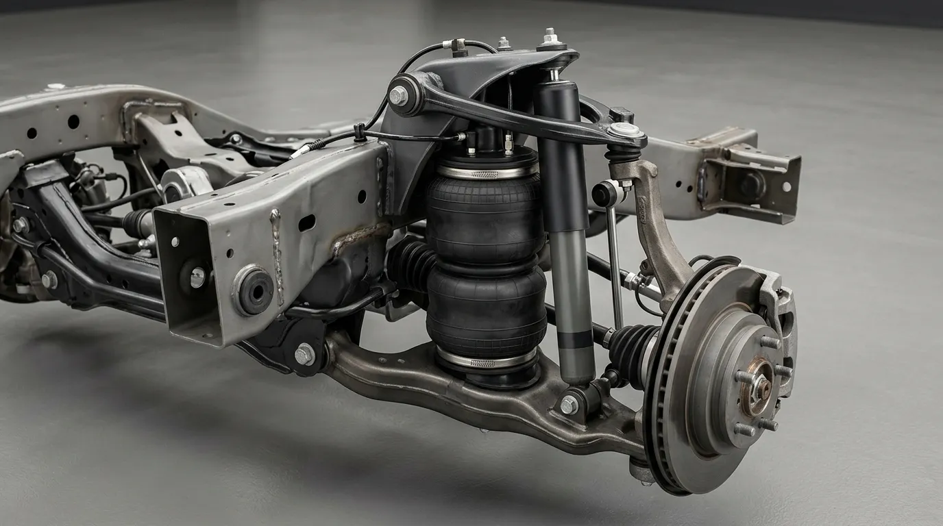 Cutaway of a suspension corner with an air spring bellows and a separate shock absorber beside it