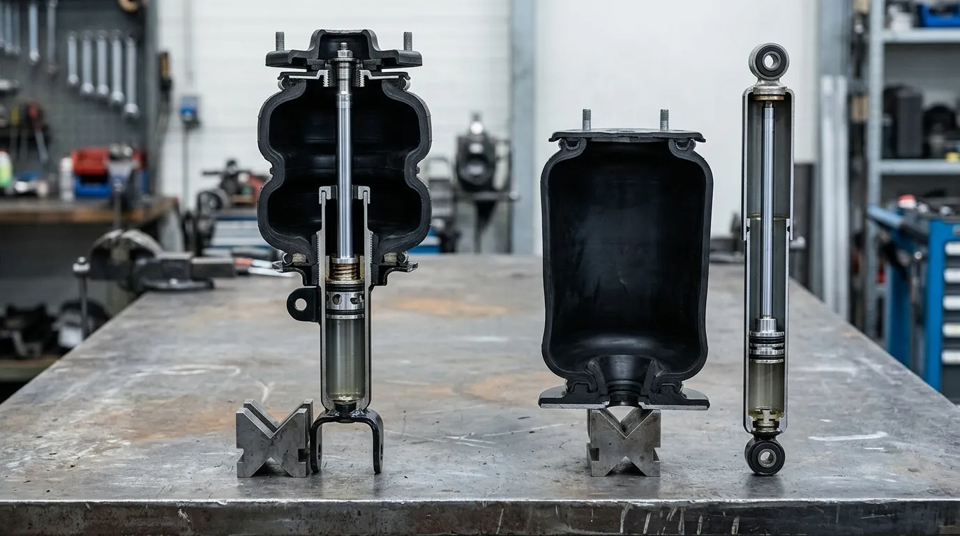 Cutaway side-by-side of a combined air strut and a separate air spring with a separate shock absorber