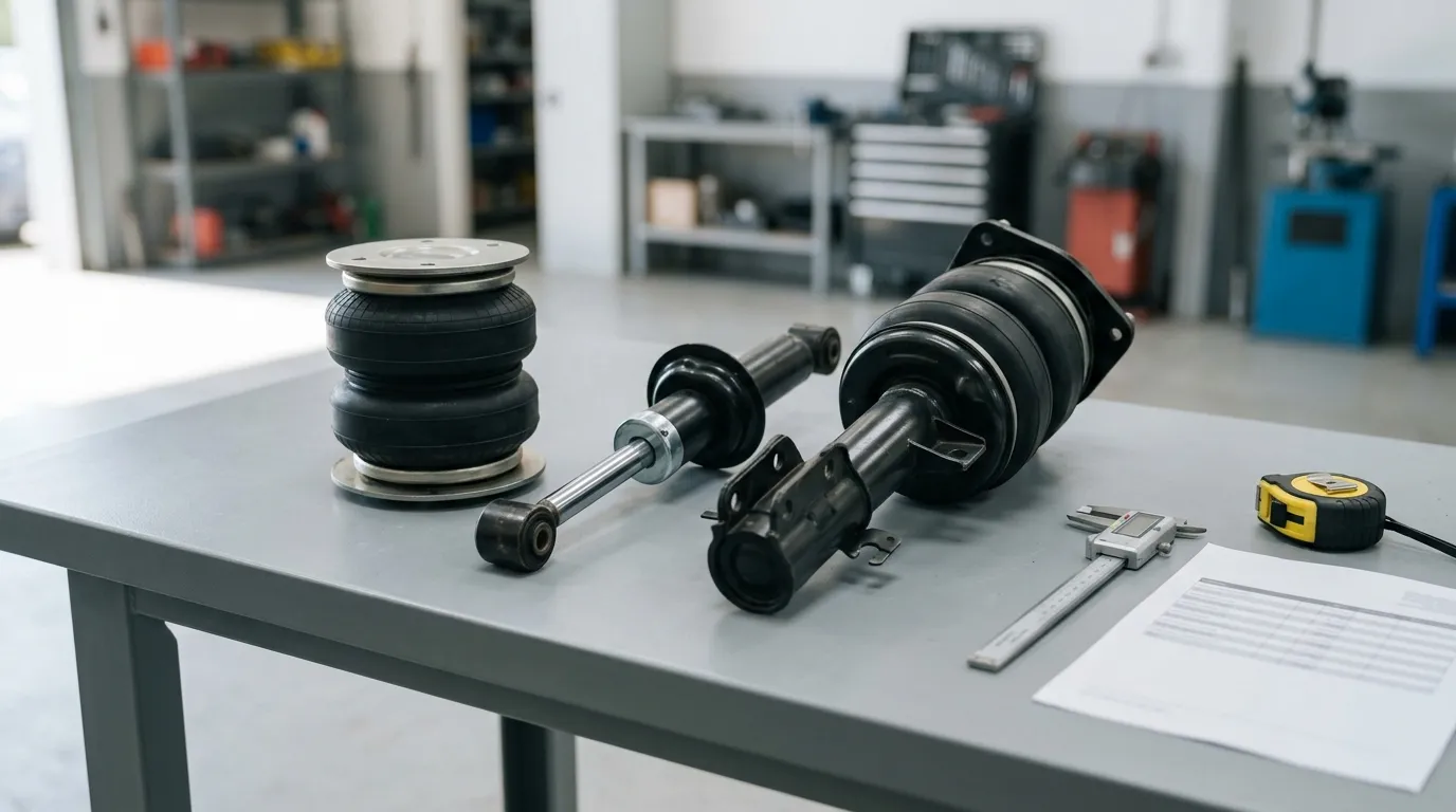 Air spring, shock absorber and complete air strut lined up on a workbench with caliper and measuring tape