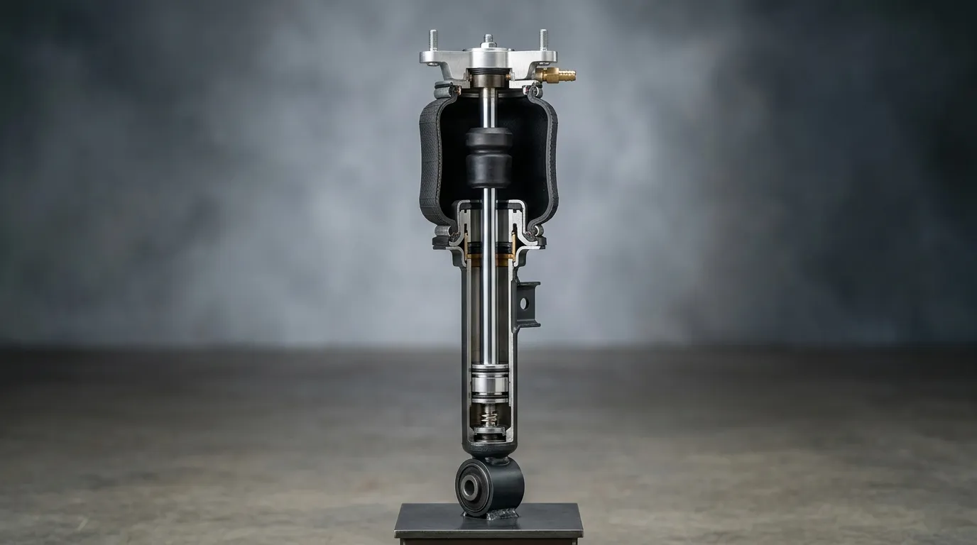 Cutaway view of an air strut showing its air spring chamber, damper unit and housing