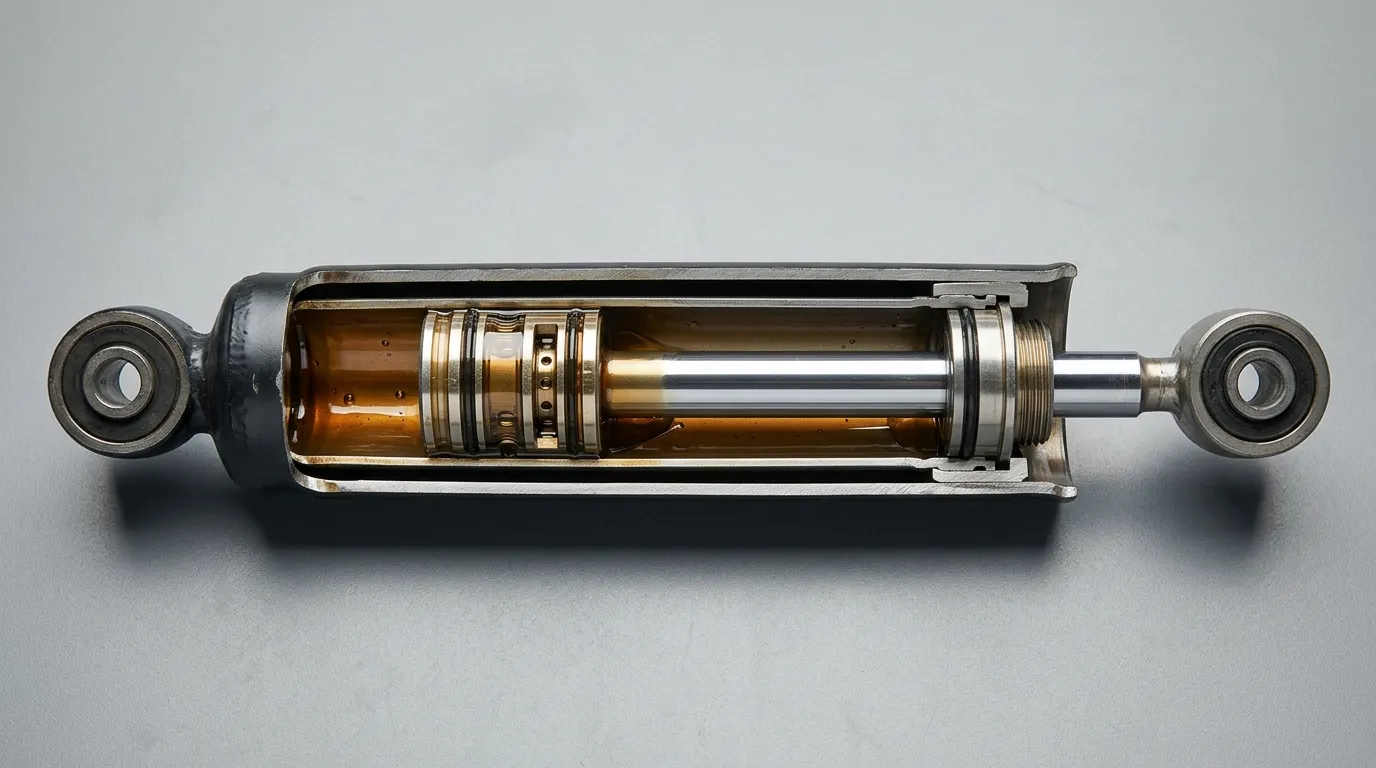 Cutaway view of a shock absorber showing its piston, piston rod, hydraulic fluid and pressure tube