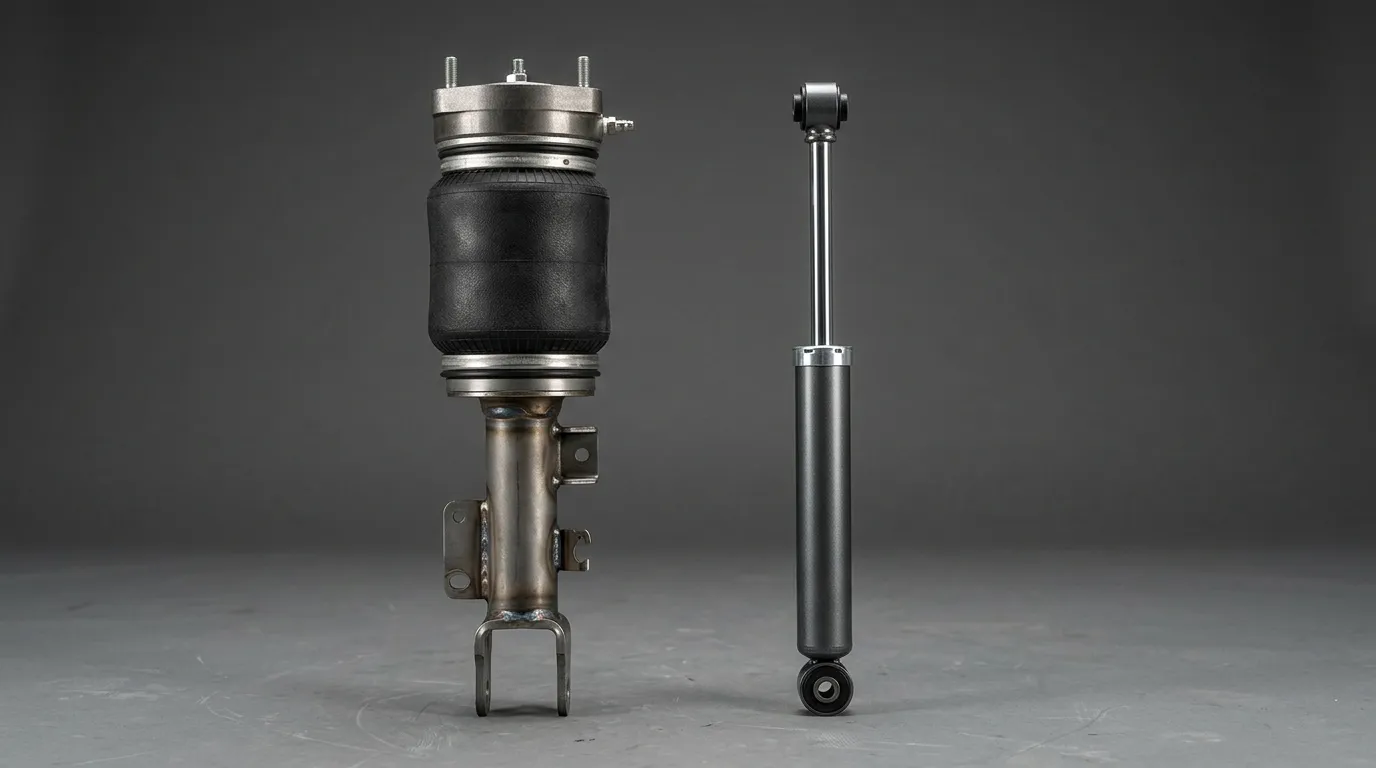 Complete air strut and standalone shock absorber shown side by side on a neutral surface