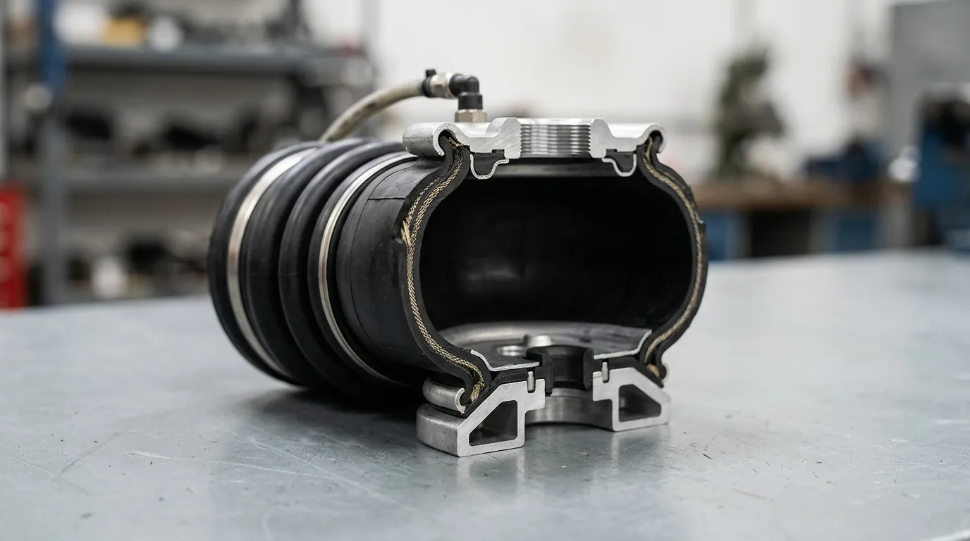 Cutaway automotive air spring bellows with metal base and pneumatic air line connection on a workshop bench