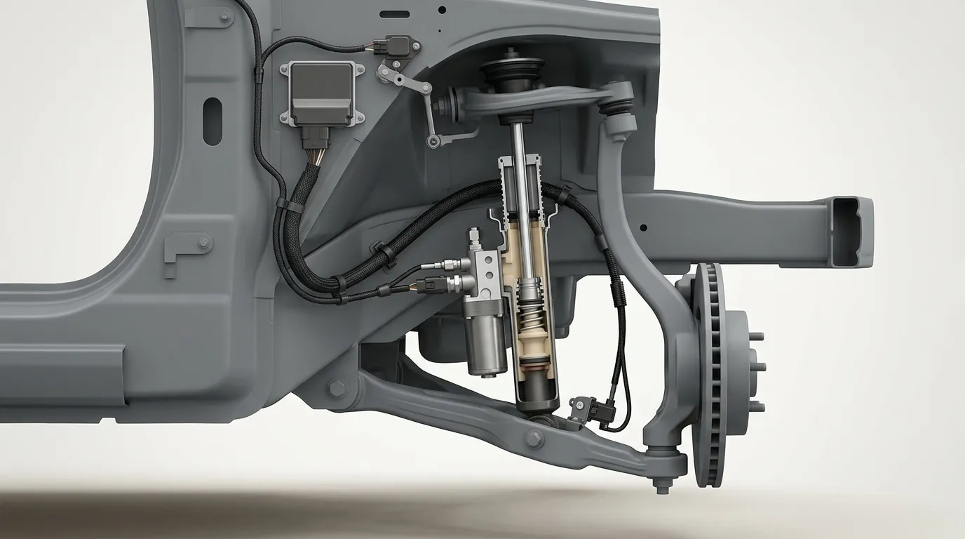 Cutaway diagram of an active suspension actuator between a wheel hub and vehicle body with wiring and position sensors