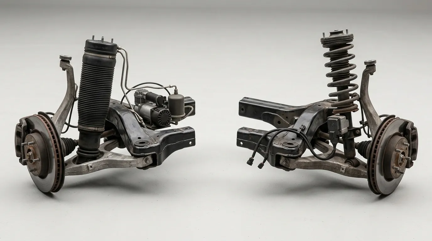 Two suspension corner assemblies side by side, one with an air spring bellows and compressor, one with an actuated coil-over strut and wiring
