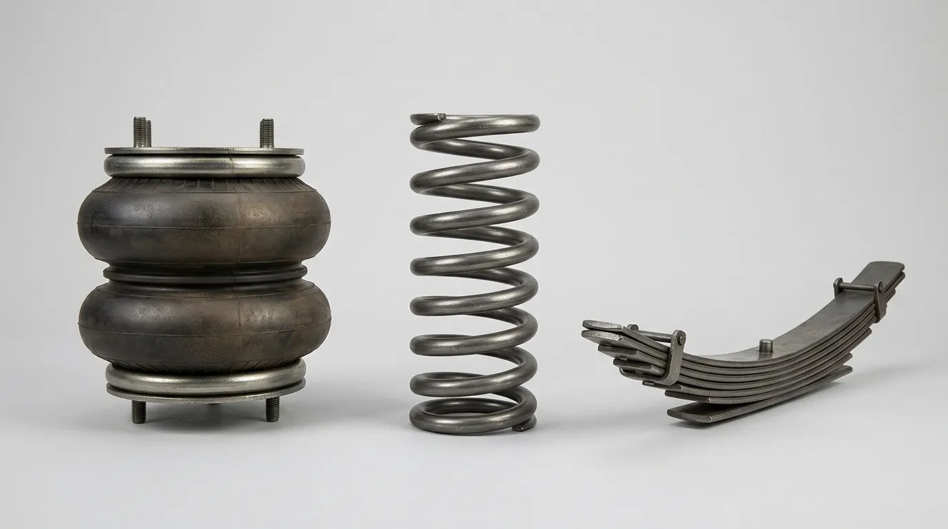 Rubber air spring bellows beside a steel coil spring and a stacked leaf spring on a neutral background